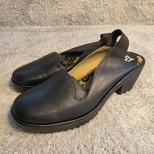 Fly London Leather Slingback Loafers Black Chunky Block Heel Womens 40 9 9.5 NEW
